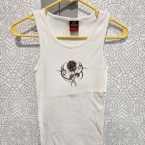 White Ribbed Tank, Tribal Rose Design, XS